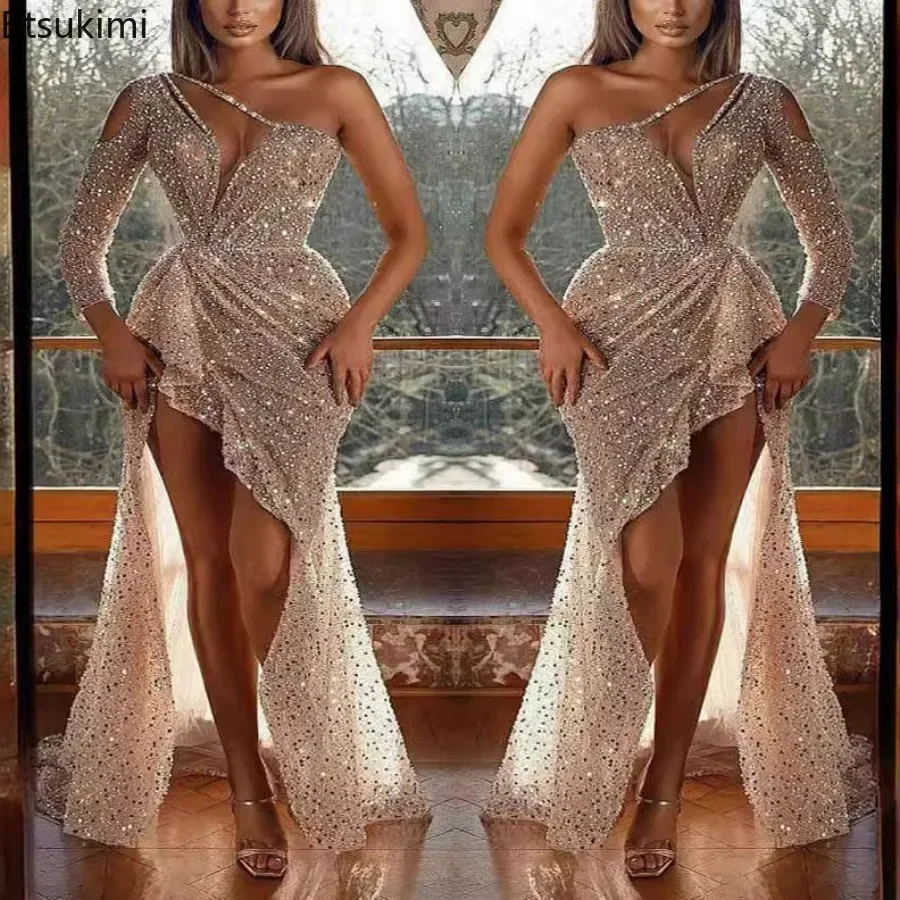 2026 Women\'s Sexy High Side Split One Shoulder Party Prom Gown Luxury Sequined Shiny Evening Dresses Elegant Floor Length Dress
