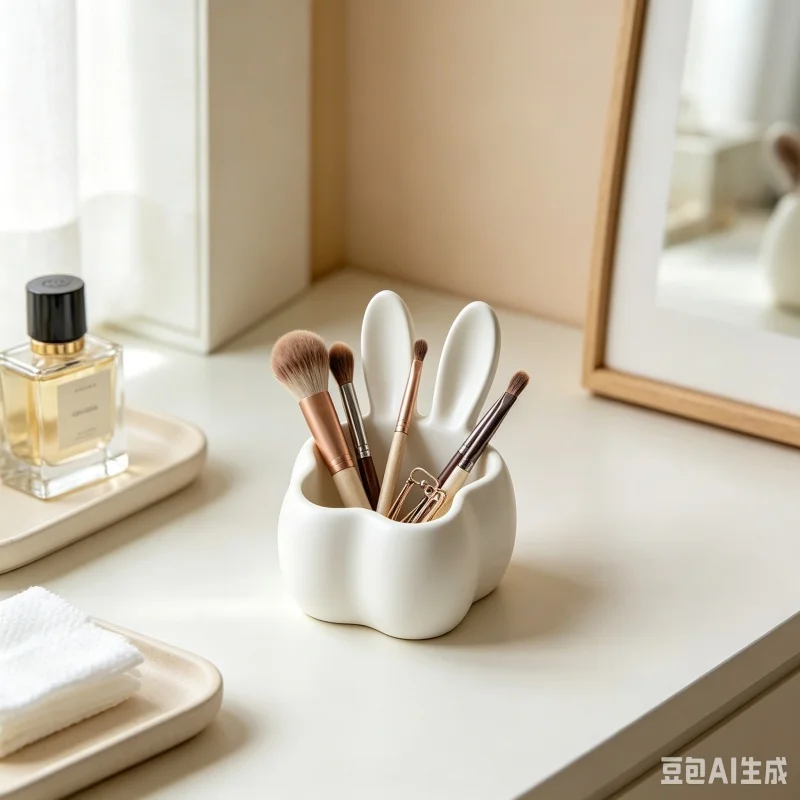 3D Printed Cute Long Ear Rabbit Shaped Ceramic Storage Bowl Multifunctional Desktop for Makeup Brushes Stationery Small Trinkets