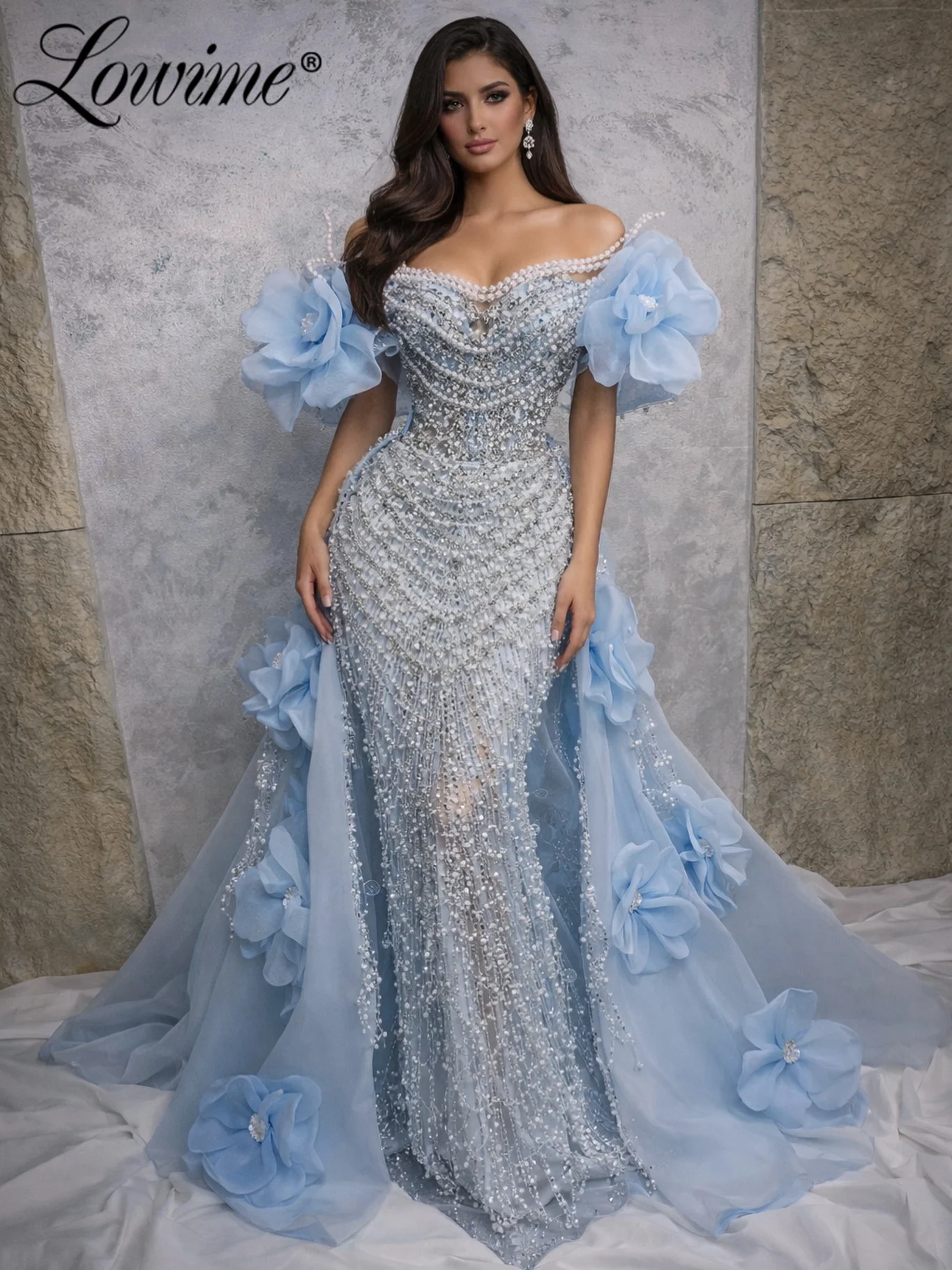

2026 Amazing Blue Prom Dresses Arabic Off Shoulder Evening Dress Handmade Flowers With Overskirt Wedding Party Gowns Customized