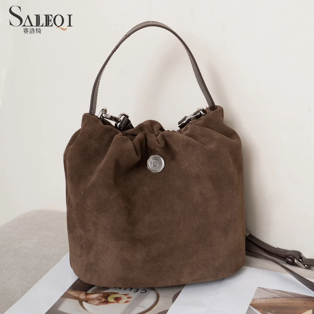 

Genuine Leather Luxury Designer Cowhide Women's Shoudler Crossbody Smalll Bag Luxury Designer Suede Ladies Buket Bag for Woman