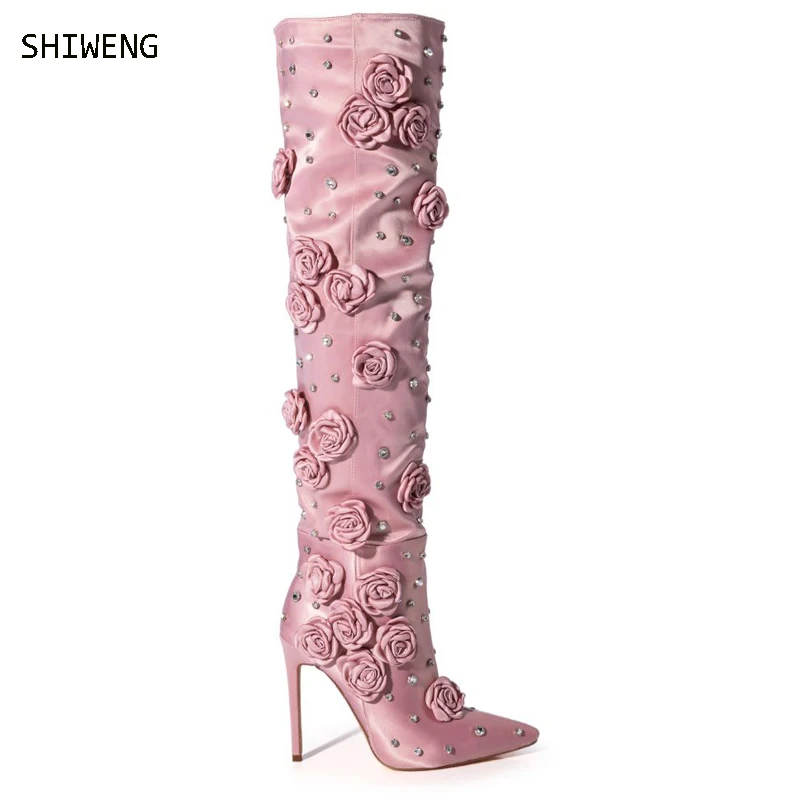 2023 Women\'s Pointed Toe High Heel Boots Elegant Champagne Flower Decor Boots Stiletto Gems Sequin Ladies Boots Women Shoes 44