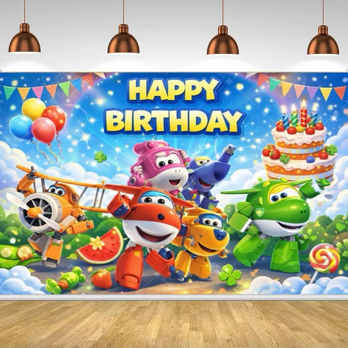 Cartoon SuperWings Geburtstagsparty-Dekorationen Hintergrund Kinder Super-Flugzeug Geburtstagsparty-Deko Banner Baby Taufe Party-Zubehör – Detail 6