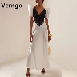 Verngo lvory Lace Party Dress For Women V Neck Short Puff Sleeves Prom Gowns Franch Simple Dress For Formal Occasion