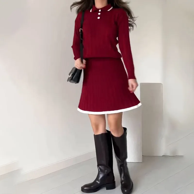 

European and American Foreign Trade Women's Clothing Autumn New POLO Collar Splicing Short Skirt Fashion Knitted Sweater Set