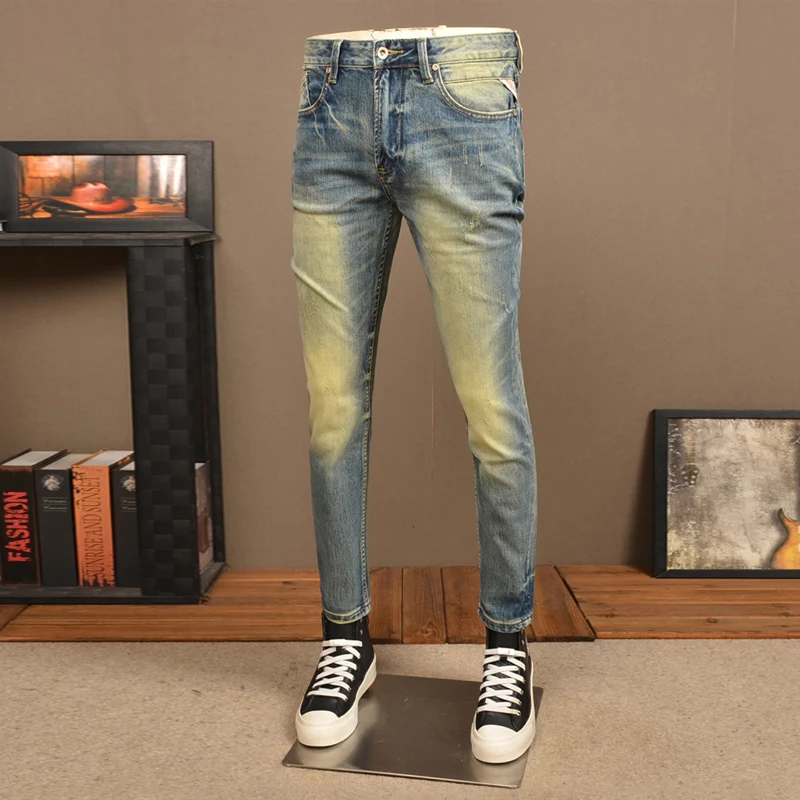 Moda Vintage Men Jeans Wysokiej jakości Retro Washed Blue Stretch Slim Fit Ripped Jeans Men Casual Designer Denim Pants Hombre