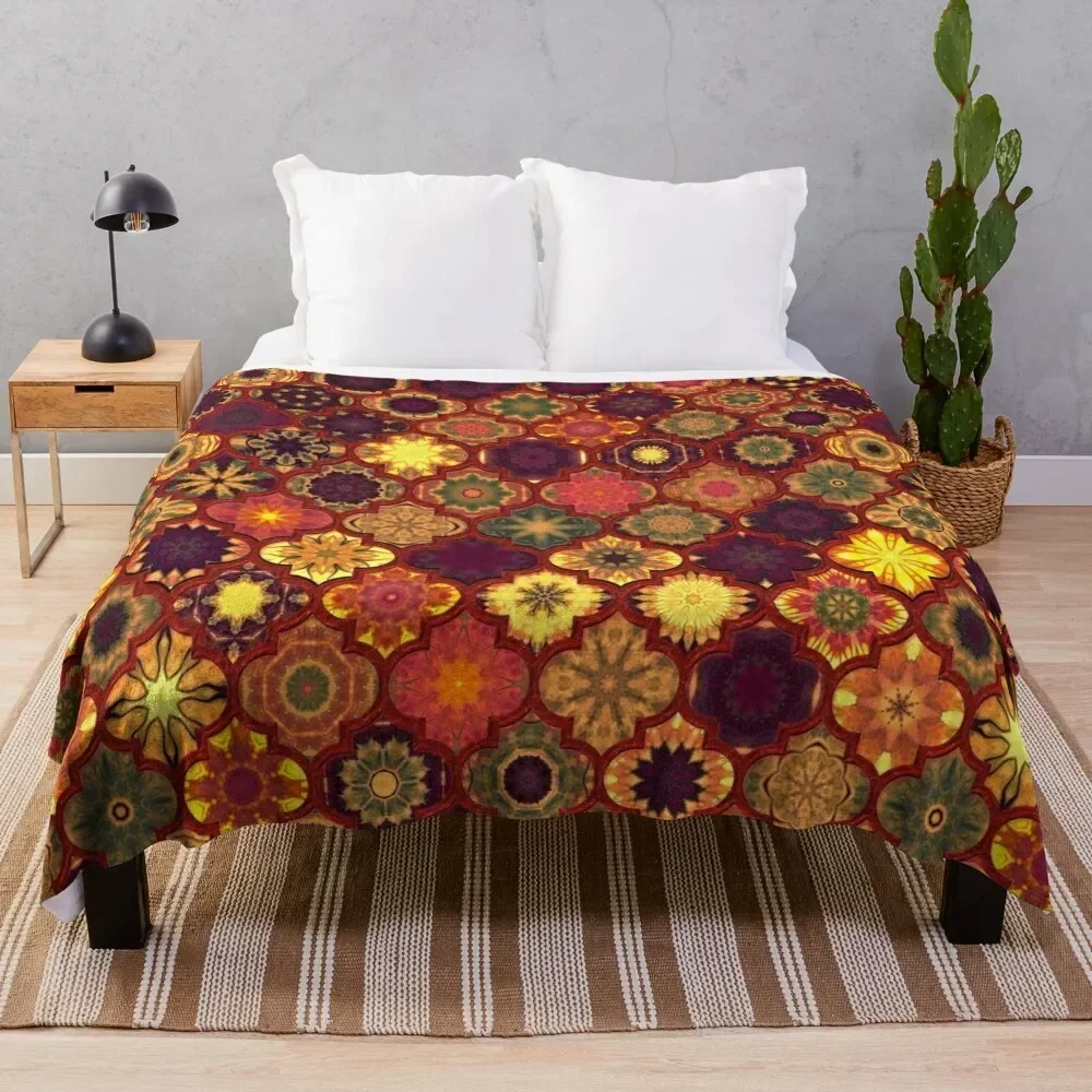 

Moroccan Tile Pattern, Golden red Throw Blanket Faux Fur Soft Warm Blanket for Bed