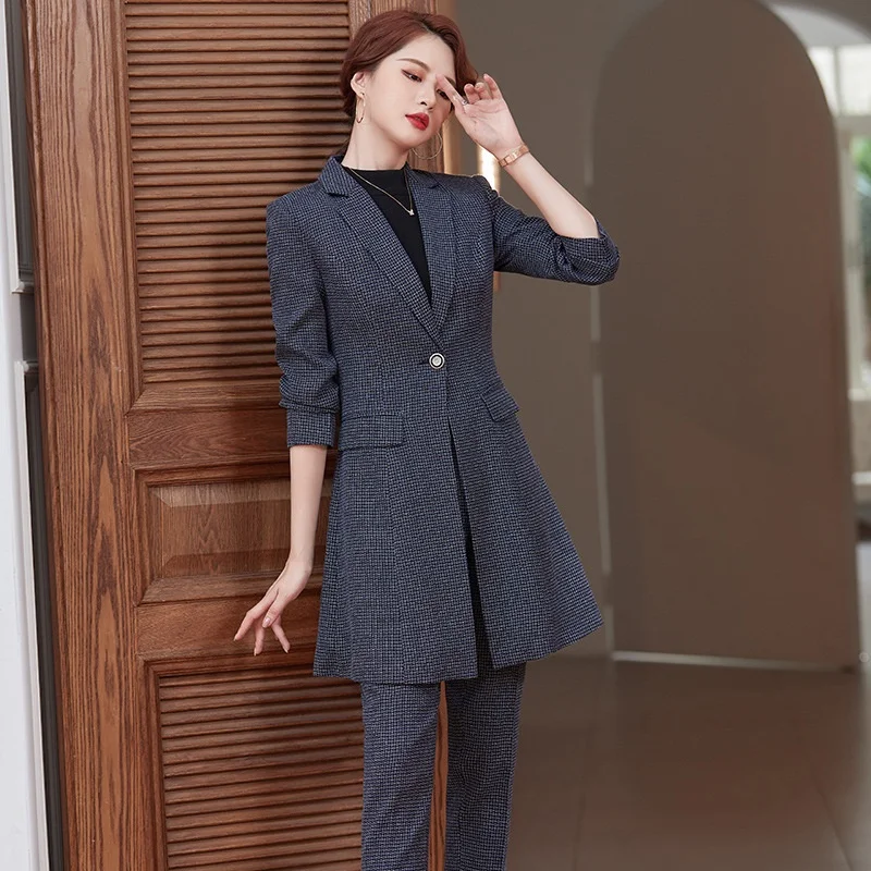 (Extended coat+pants) Korean high-end plaid women's suit set, large-sized slim fitting professional clothing