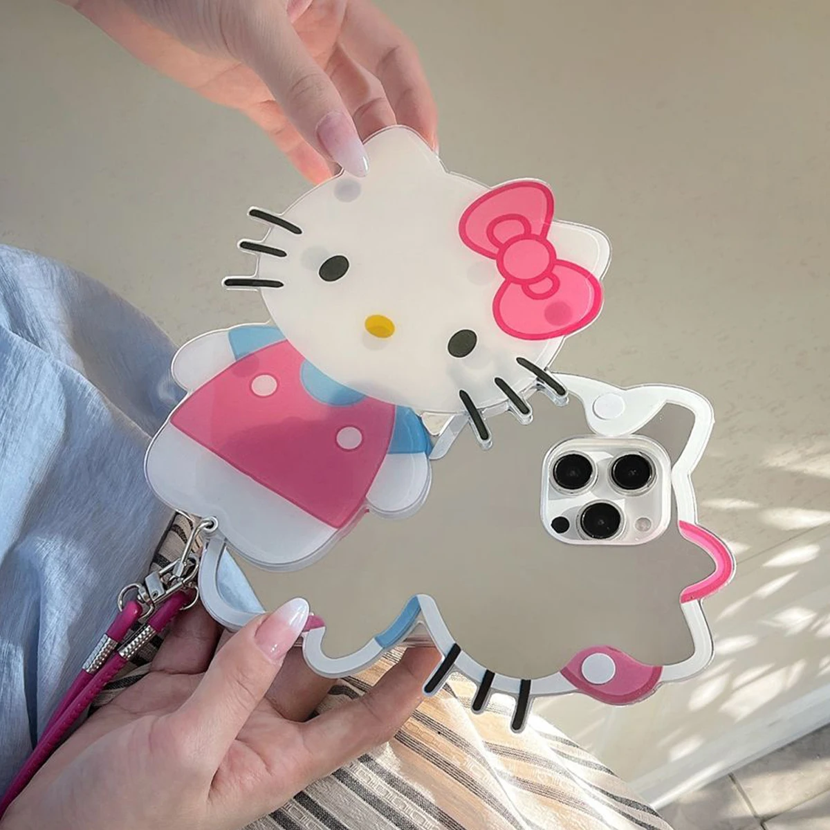 

Japan and Korea Cute Pink HelloKitty Cat Mirror Phone Case for iPhone 16 15 14, Phone Case 13 Hard 15 Pro With Long Hanging Rope