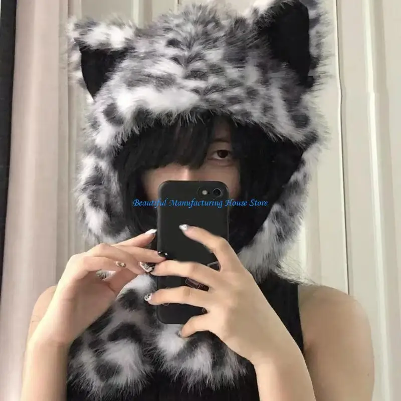 

E56A Kids Hat Head Wrap Thicken Furry Leopard Hat for Climbing Skiing Sports Headwear White Leopard Hat Oversized Headwear