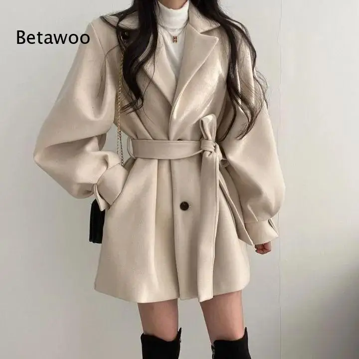 Women Belted Waist Short Wool Blend Coat Notched Lapel Long Sleeve Loose Outerwear for Petite Ladies Daily Wear