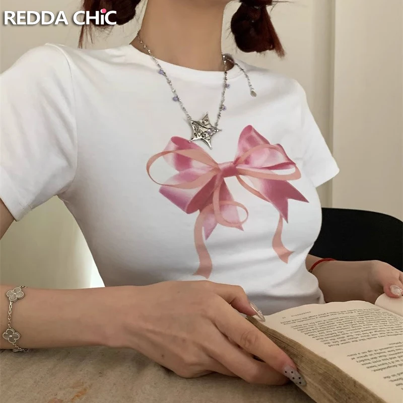 REDDACHiC Aesthetic Bow Print Crop Top Women White O-neck Slim Short Sleeves T-shirt Pullover Tee Summer Y2k Korean Streetwear