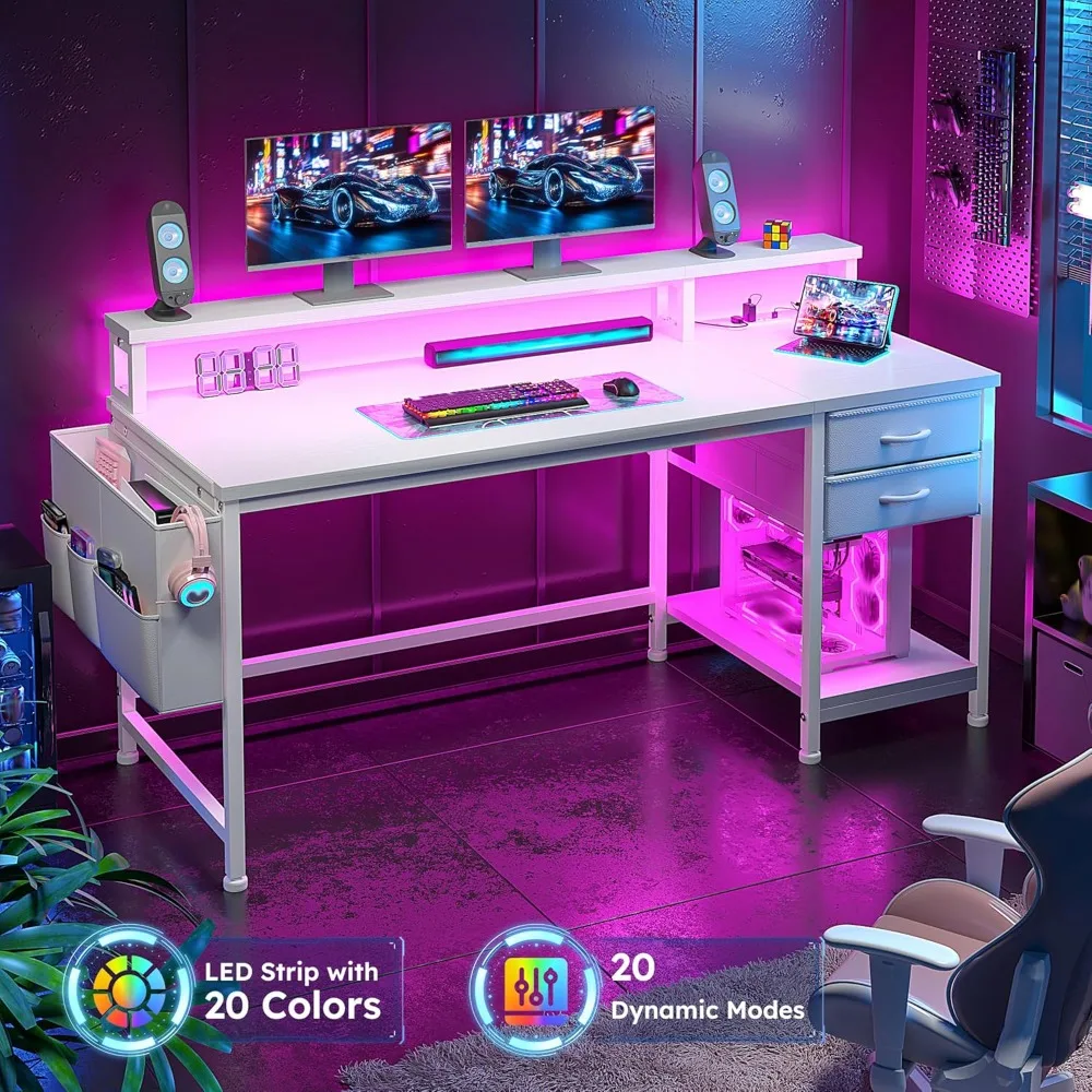 48" Computer Desk with LED Lights, Gaming Desk with Drawers & Storage Bag, Office Desks with Power Outlets & Monitor Stand, Home