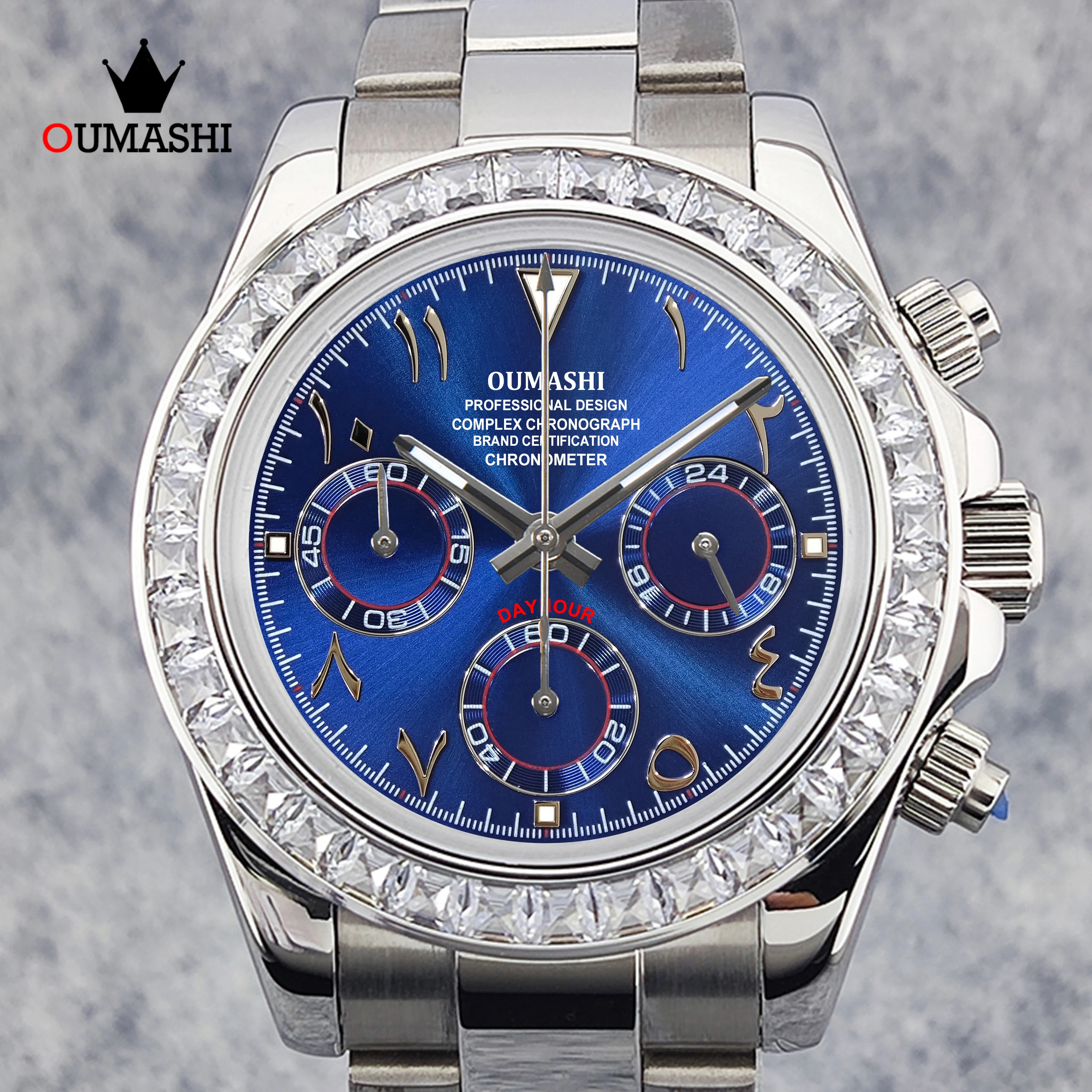 OUMASHI 42mm Silver Diamond bezel Arabic Index Men’s Chronograph Watch VK63 Quartz Movement Luminous Sapphire Glass Waterproof