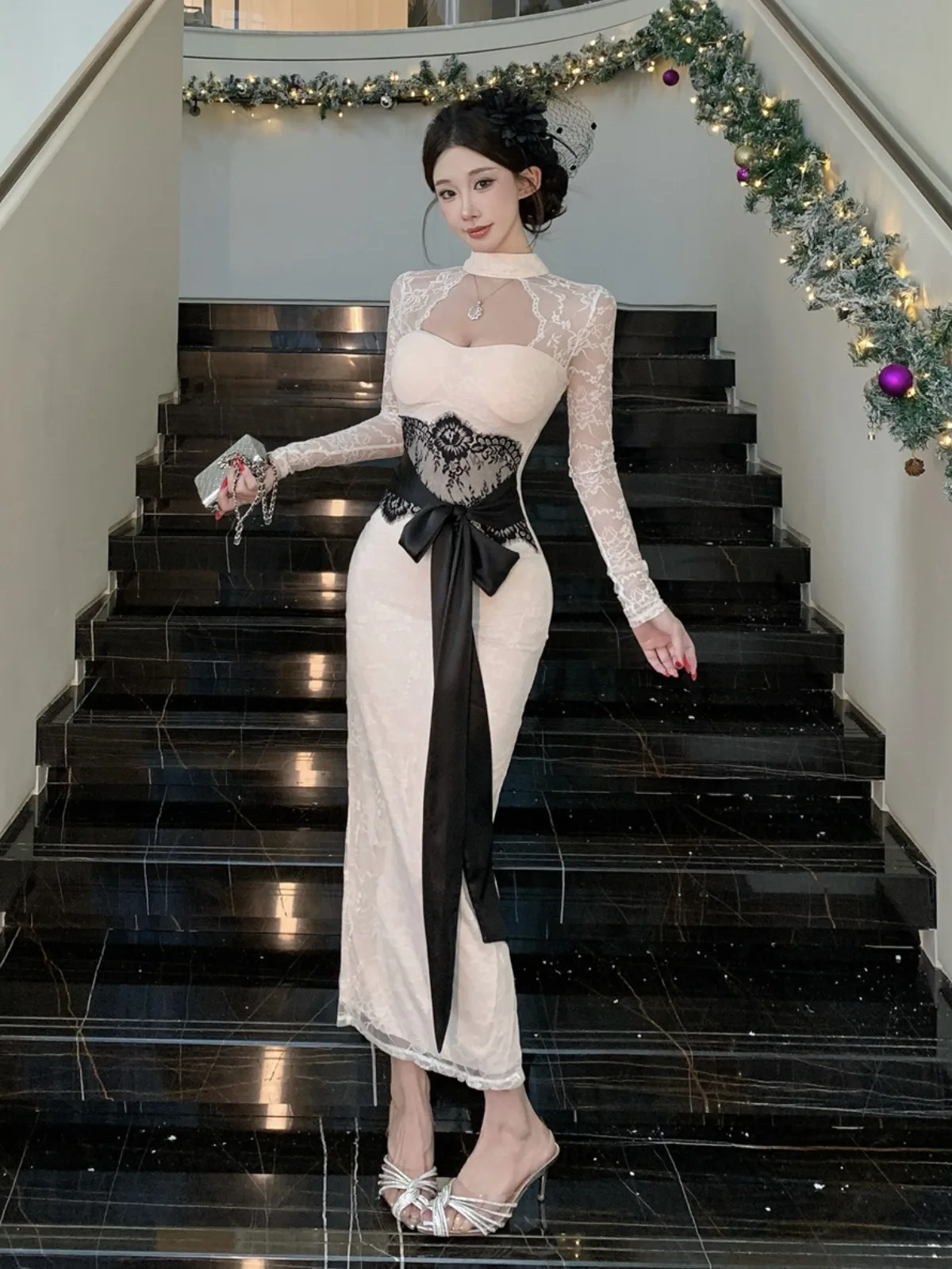 

Сексуальное кружевное длинное платье-свек для женщин, осень-зима, чистое желание, облегающее талию, облегающее длинное платье