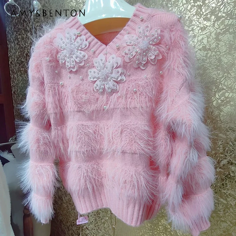 

Luxury Pink Pullover Heavy Industry Beaded Three-dimensional Flower Plush Tassel Thickened Feather Fairy Sweater Women's Clothes