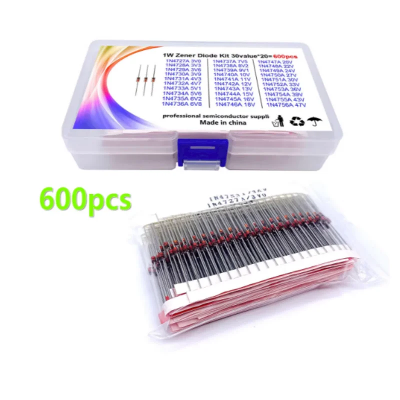 

3V-47V Diode Kit, 1W Zener Voltage Regulator, 39V, 30V, 27V, 24V, 22V, 20V, 18V, 16V, 13V, 12V, 10V, 600 Pieces, 30
