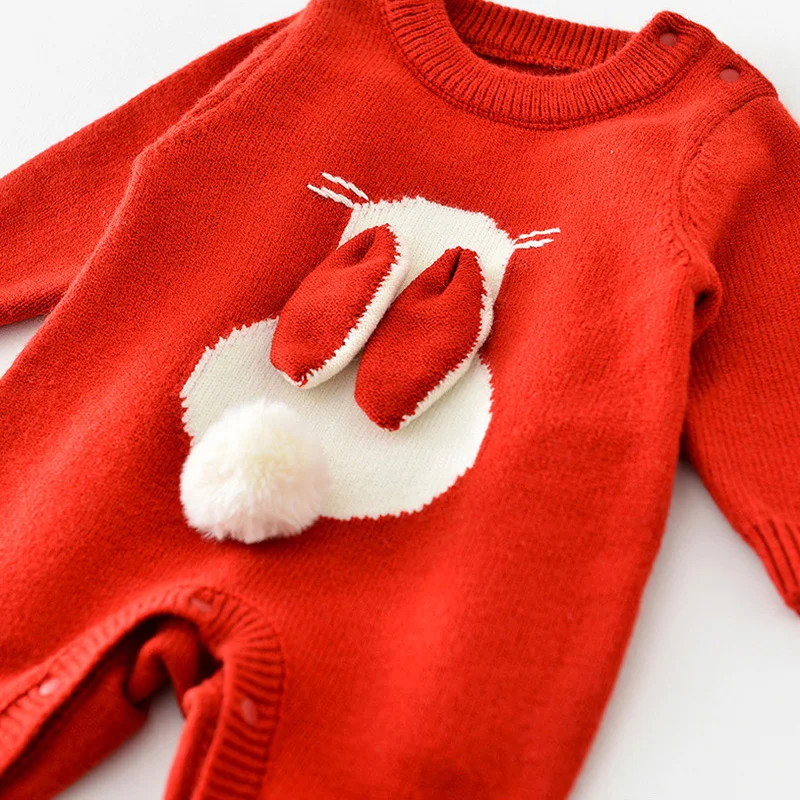 Cute Bunny Knit Jumpsuit for Kids Autumn Winter Baby Romper Red Christmas Clothes Newborn One-Piece Onesie Toddler Girls Outfit