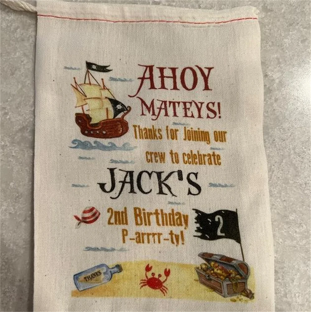 25PCS Pirate Thank you Bag Custom Kids Party Favor Bags - Pirate theme - Personalized - Drawstring Bags - Cotton