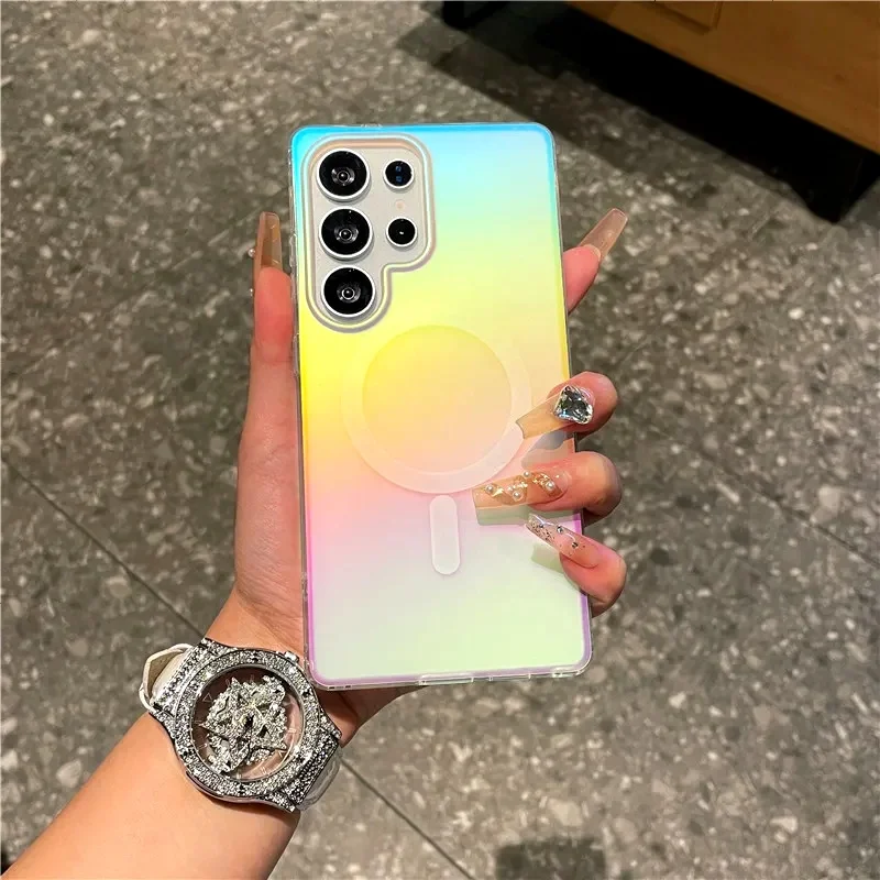 Fashionable Laser Gradient Rainbow Magnetic Case, Suitable for Samsung Galaxy S25 S24FE S23 Ultra Plus Matte Protective Case