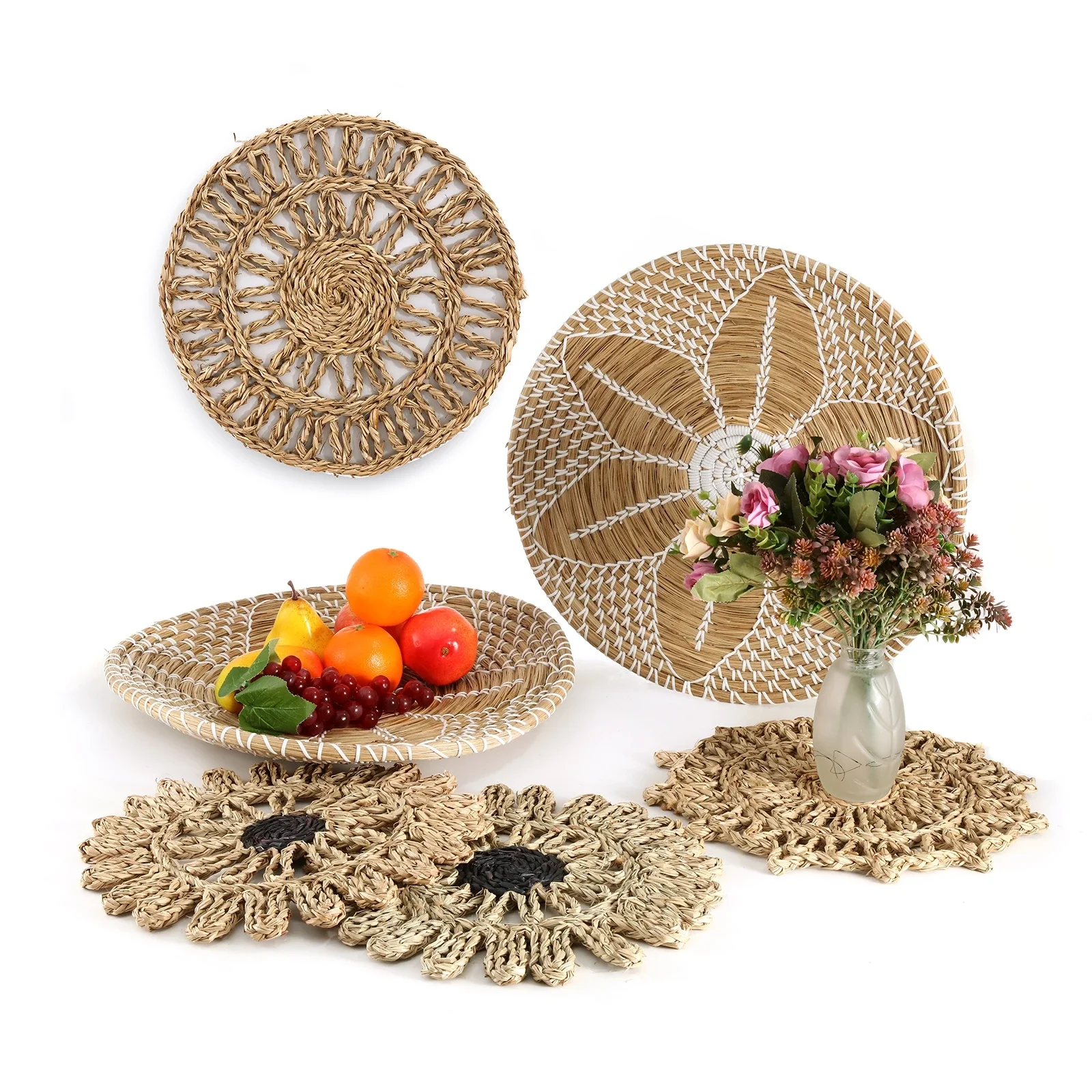 6Pcs Handmade Wall Hanging Woven Seagrass Basket African Boho Style Decorative Bowls Disks for Home Living Room Bedroom Decor