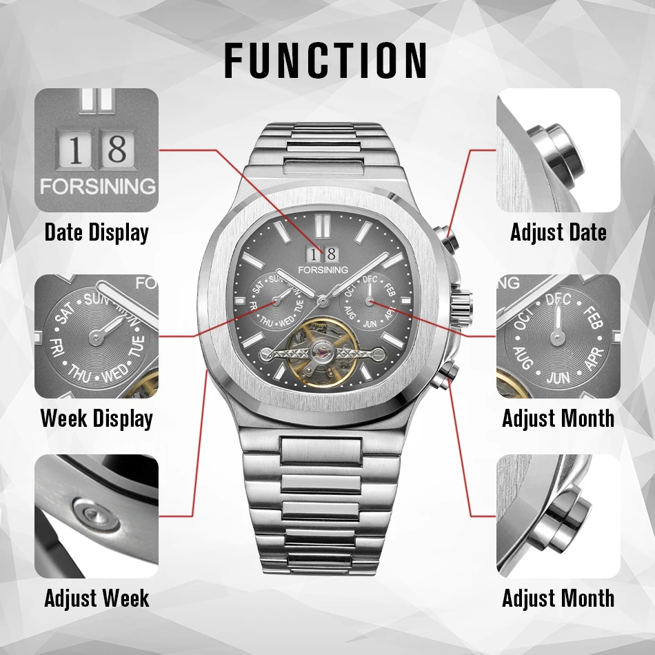 2026 FORSINING Luxury Brands Mens Watch Multifunction Automatic Movement Mechanical Male Stainless Steel Waterproof Wristwatches
