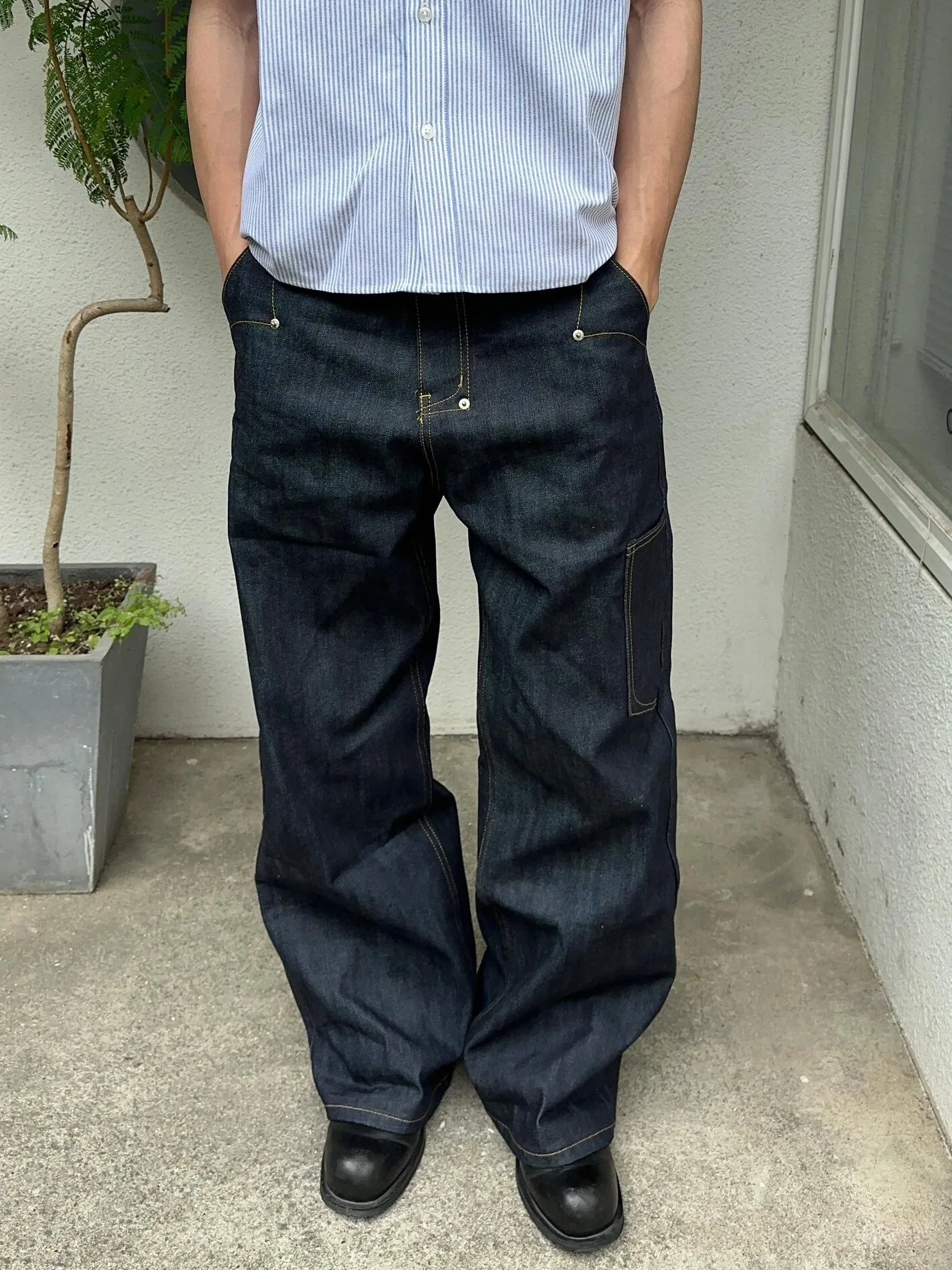 بنطلون جينز رجالي من CGG بتصميم كلاسيكي أمريكي مطرز بسكين غير رسمي فضفاض وواسع الساق مستقيم طويل بخصر عالٍ من قماش الدنيم