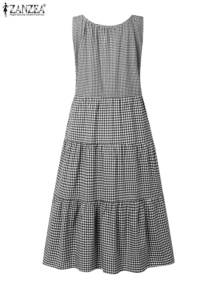 Zanzea dia wear casual a linha robes femme 2025 verão das mulheres o-pescoço vintage gingham vestido de verão sem mangas em camadas vestidos midi