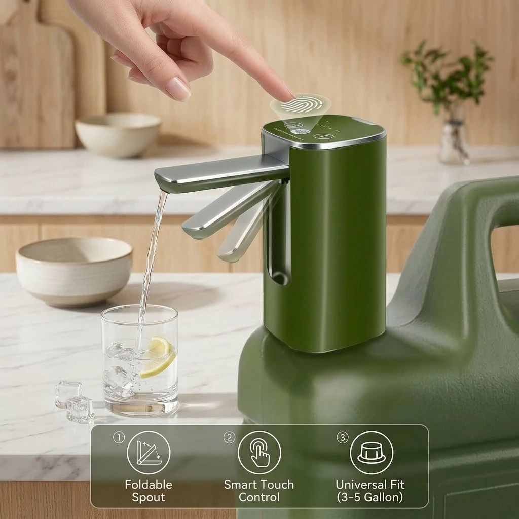 Auto Touch Water Pump for 5/4.8/3.5/3.2Gal, Foldable Faucet, Camping/Hiking/Outdoor, USB-C, Leakproof Lightweight