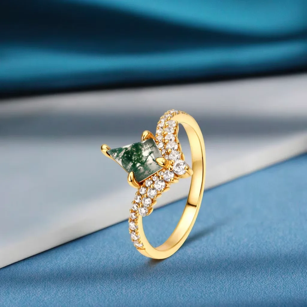 

Women's Kite Cut Moss Agate Ring Sterling Silver Gold Plating Accented Ring for Engagement Wedding Gift