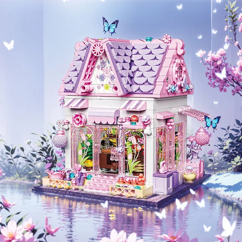 

Romance Pink Flower House Building Blocks European Architecture City Street View Cottage Model Toys Girls Birthday Gifts