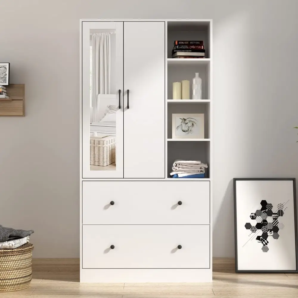 

Wardrobe Armoire Wooden Closet with Mirror, 2 Doors, 2 Drawers, 4 Open Storage Cubes and Hanging Rod for Bedroom, White 35.5L x