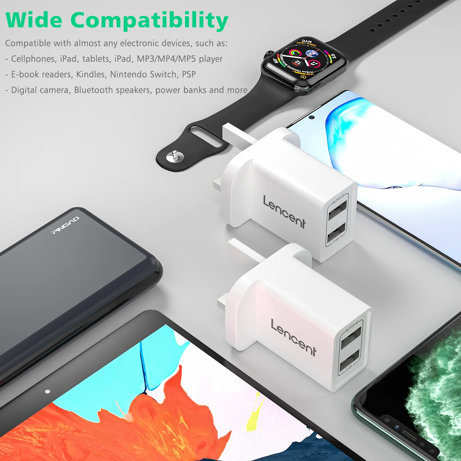 لينسنت 1 قطعة USB الجدار شاحن مع 2 منافذ USB 5 فولت/2.4A المملكة المتحدة الرئيسية محول الطاقة التوصيل مع الذكية IC التكنولوجيا آيفون باد