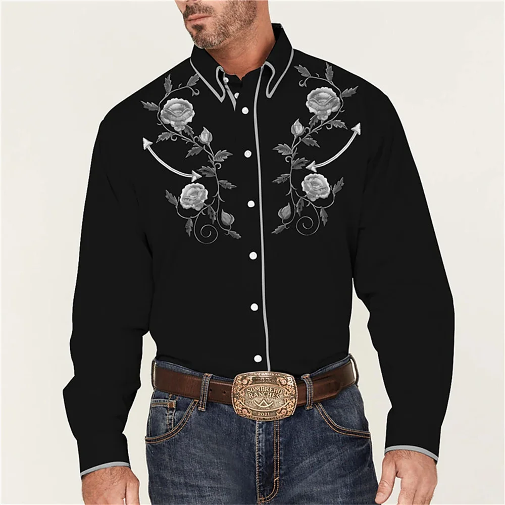 Western Printed Shirt Rose Pattern 3D Street Long Sleeve Button Fashion Street Apparel Designer Western Style 2023