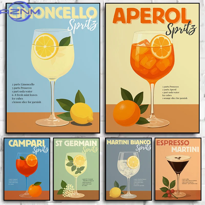 Póster de Lona Retro AZNM con Receta de Cóctel Italiano Germain Limoncello Aperol Spritz, Decoración de Pared para Bar, Hogar