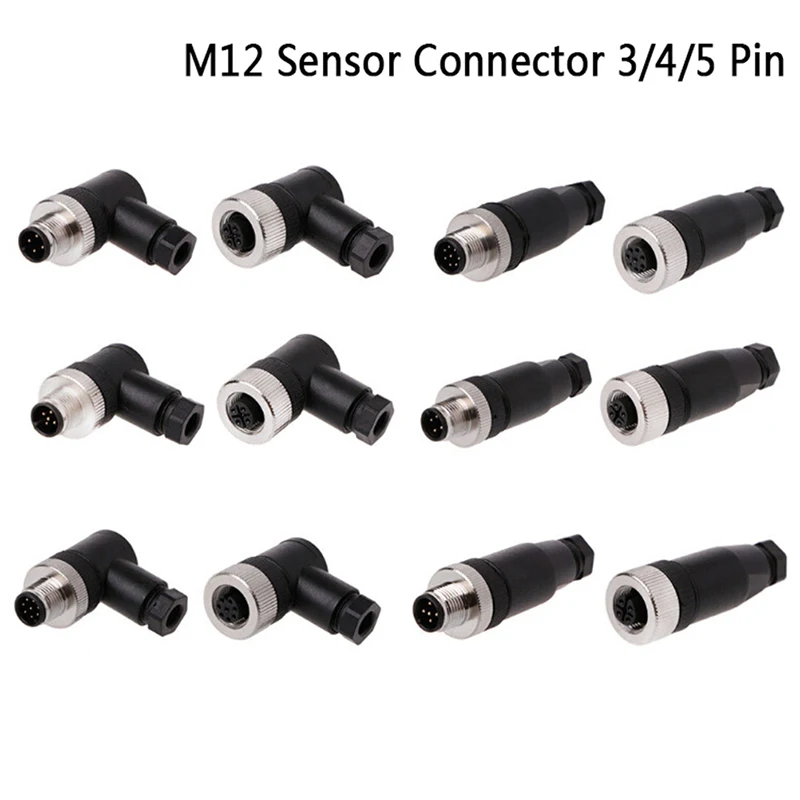 M12 Sensor Cable Connector Male&female Plug Straight Angle Screw Threaded Coupling Power Adapte 3/4/5 Pin Plug Socket Back Mount