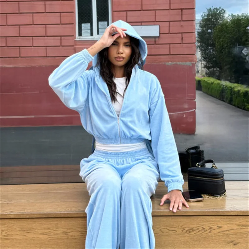 Elegantes Samt-Set für Damen, langärmelig, hohe Taille, weites Bein, Hose, zweiteiliges Outfit, Street-Style, zeitloser Mode, sportlicher Look