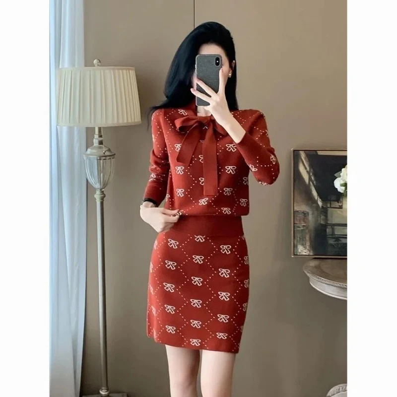 Spring Autumn Ladies Suits Bow Patchwork Long Sleeve Fashion Sweater High Street Elastic Waist Printing All-match A-line Skirt