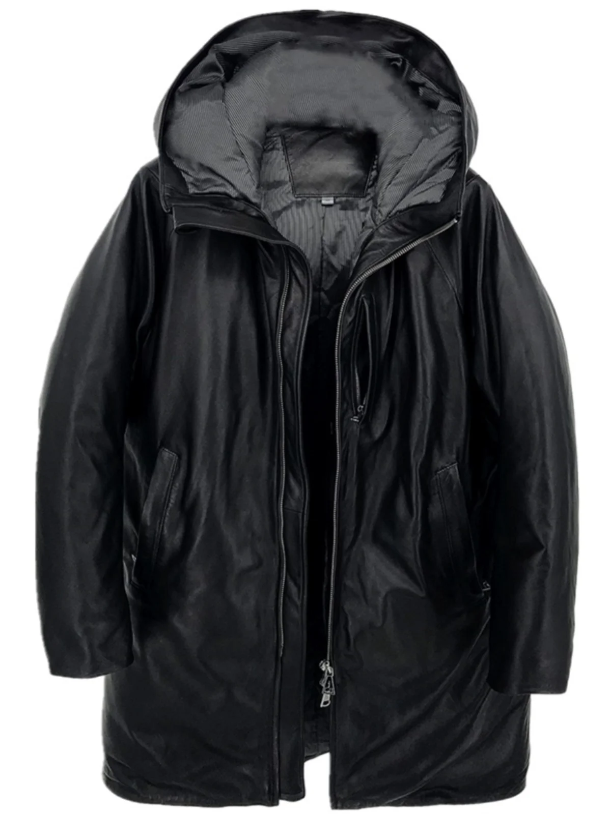 Hooded Mid-Length Leather Down Coat - Sheepskin Real Leather Jacket plus size super warm cold weather winter jacket 5XL