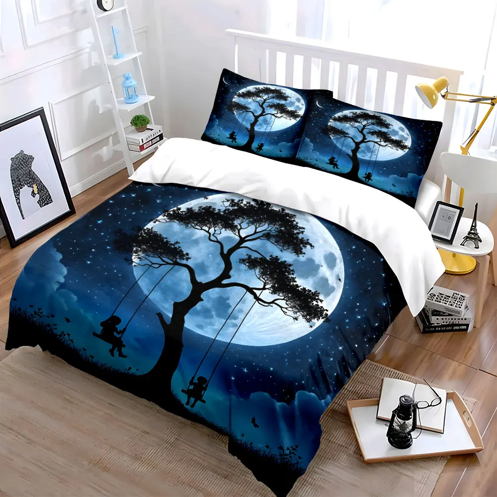 Children Swinging Under Moonlit Night Printed Duvet Cover Set 1 Duvet Cover+2 Pillowcase Multi Size Bedroom Bedding Decor