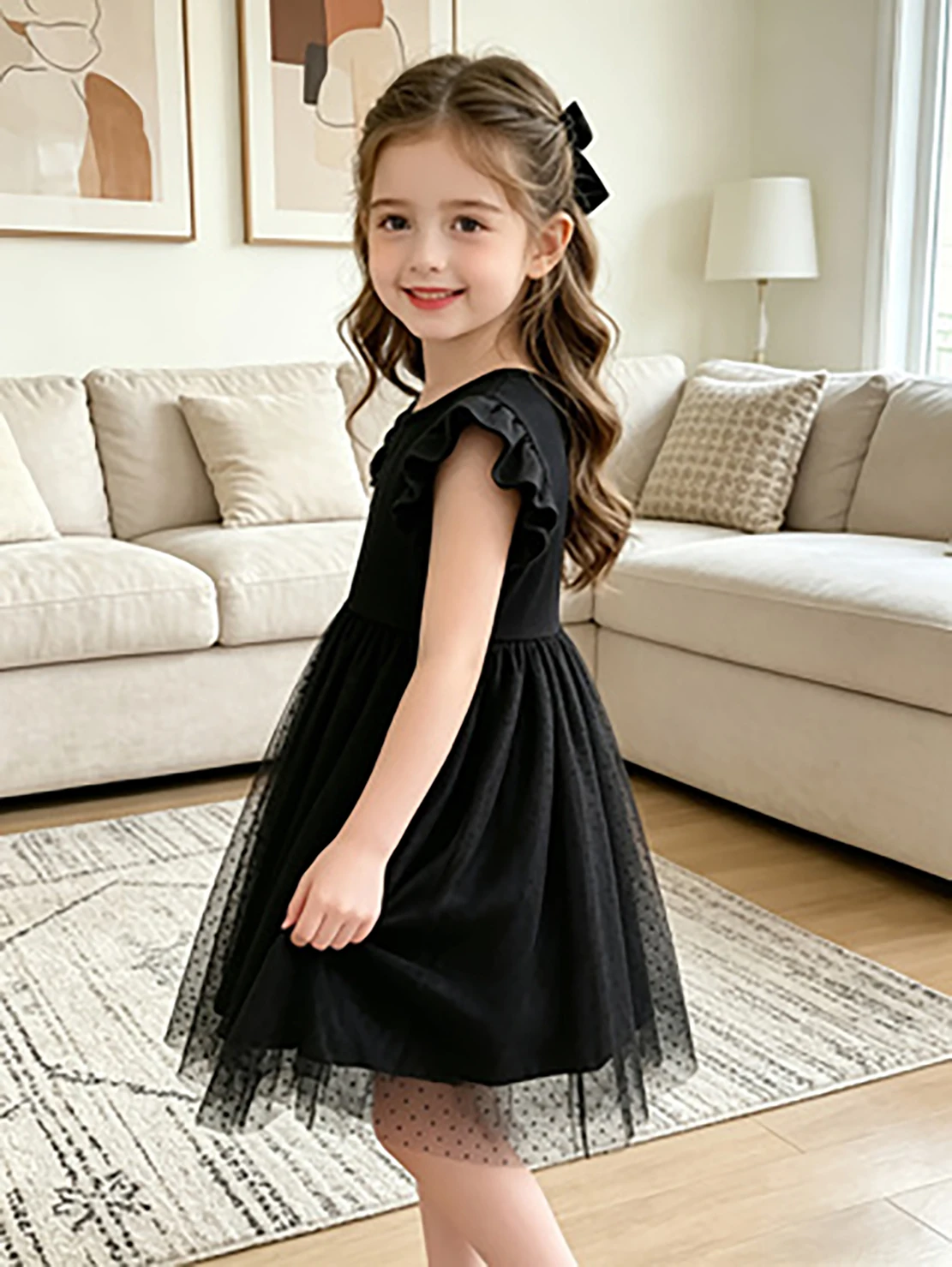 Schwarzes Prinzessinnenkleid aus Tüll mit Punkten für Mädchen, Sommerkleid mit Flatterärmeln und bauschigem Rock, stilvolles formelles Kleid für Kinder – Detail 5