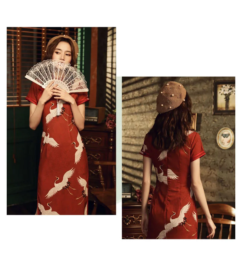 Red Crane Cheongsam Chinese Style Vintage Dress Slim-fit Women Wedding Costumes Elegant Long Qipao S To XXL