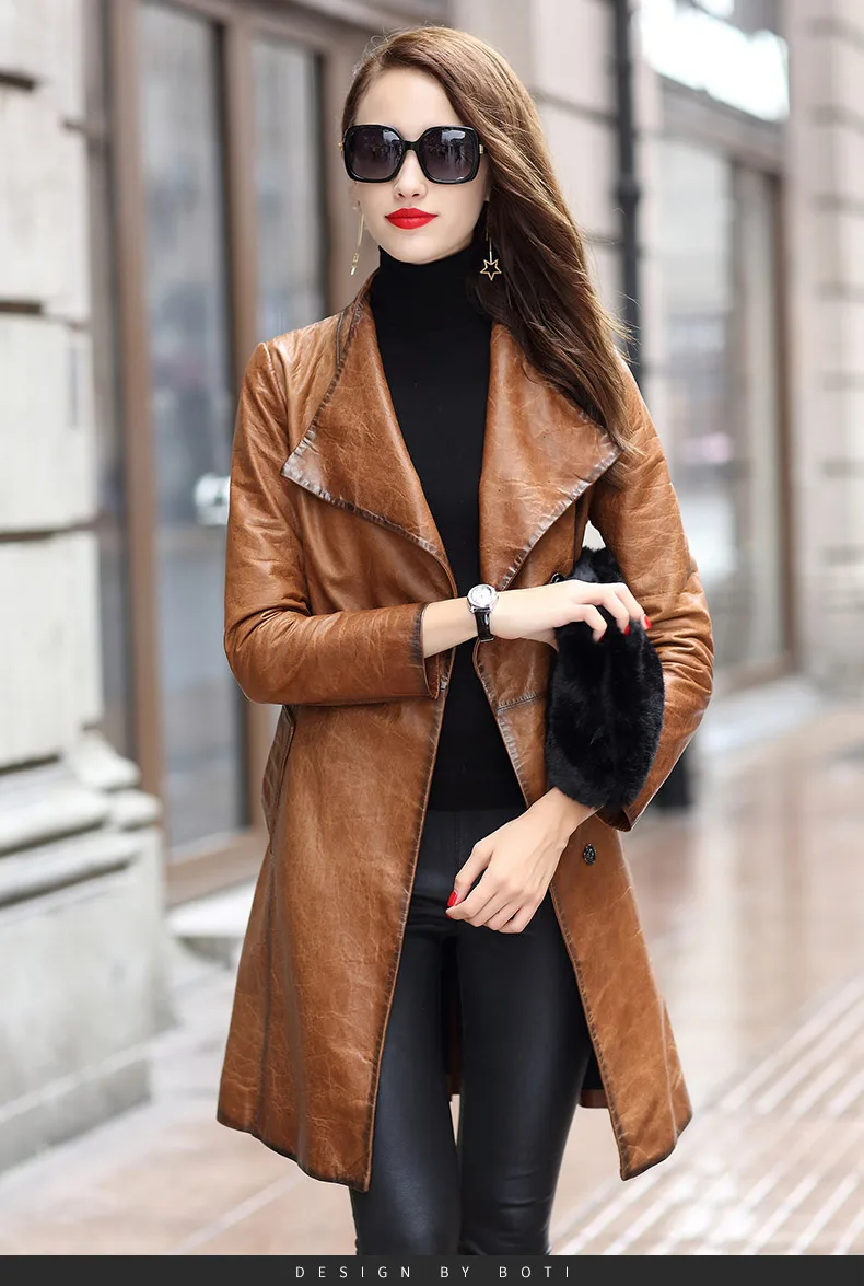 2023 Genuine Leather Jacket Women  Vintage Wax Long Sheepskin Coat Female Brown Windbreaker Fashion Luxury Coats BL18T932 KJ5554