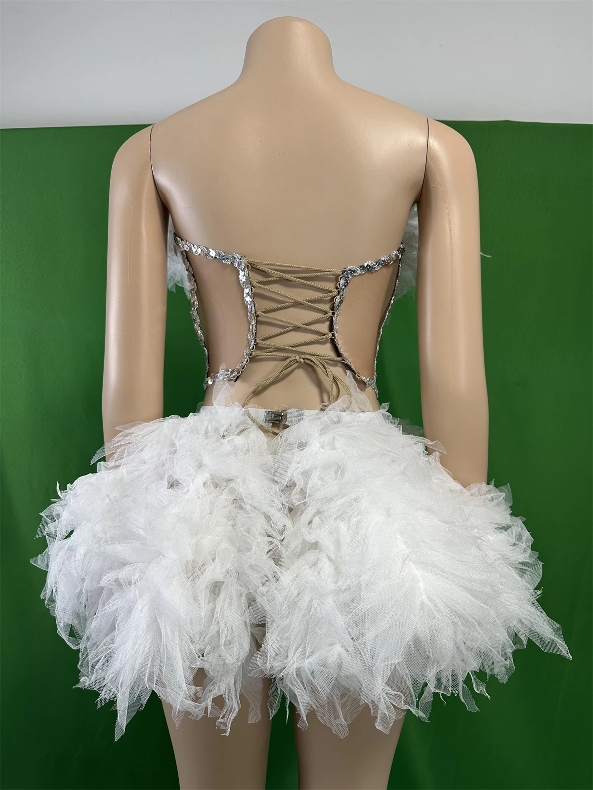 White Women 2 Pcs Set Dance Costume Ruffle Rhinestone Performance Stage Wear Cheerleading Glitter Outfit