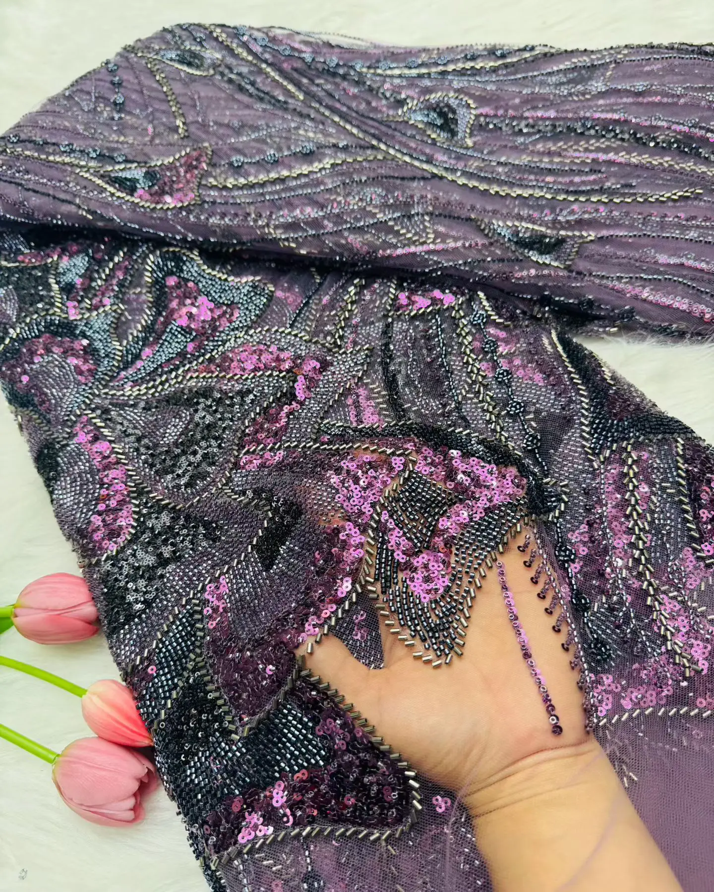 2025 최신 오스트리아 최고급 부드럽고 우아한 아프리카 비즈 튜브 레이스 스팽글 원단, 나이지리아 럭셔리 생일 드레스용 Hm207-1