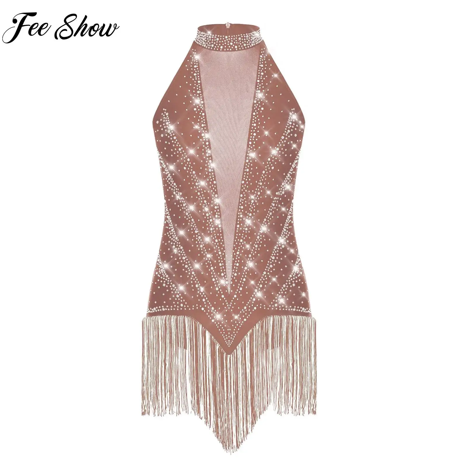 

Women Latin Dance Leotard Sleeveless Tassels Rhinestones Mesh Fringed Leotard Dress Cha-cha Samba Rumba Figure Skating Dancewear