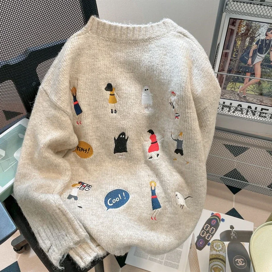 Hip Hop Funny Sports Man Embroidery Sweaters Loose Harajuku Couples Aesthetic Pullover Winter Clothes Thick Warm Long Sleeve Top