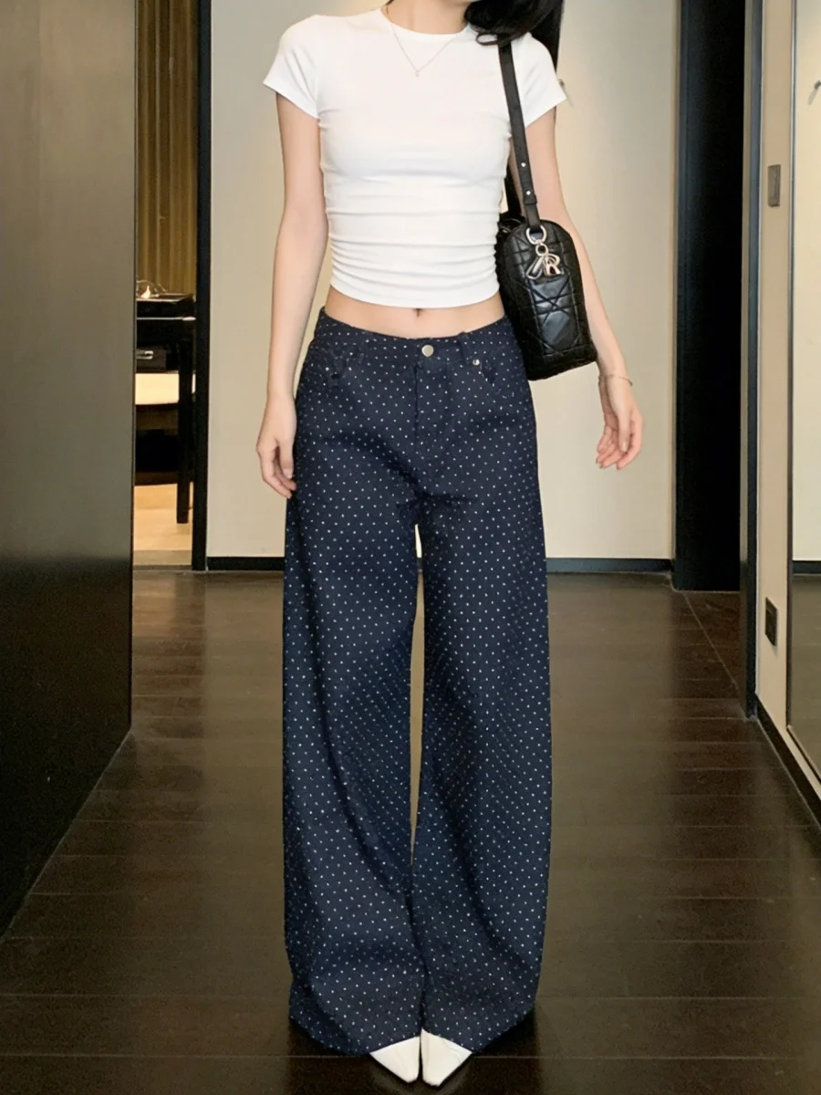 

American Retro Polka Dot Design Casual Knife Wide Leg Jeans Women's Loose Fit Summer New Style High Waist Denim Pants