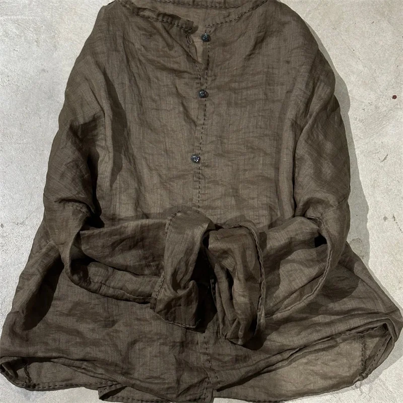 Camicetta in ramie letteraria sottile primavera autunno donna o collo manica lunga top ampio camicia lunga monopetto vintage morbida