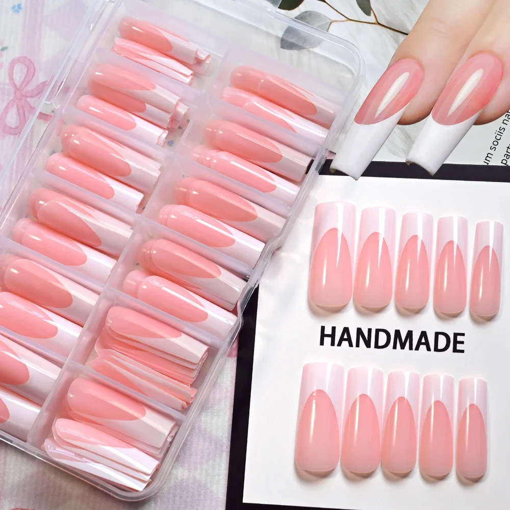 120Pcs Glossy Pink French Press On Nails 12-Sizes Long Square Fake Nails White Edge Design Full Cover False French Nails Tips t
