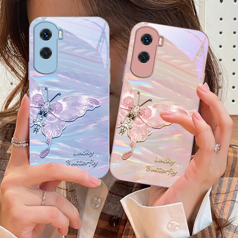 Gradient Edge Butterfly For Honor 200 90 8X 9X Pro Lite P50 P40 Nova 10 11i P60 Magic4 6 Mate 20 50 Tempered Glass Phone Case